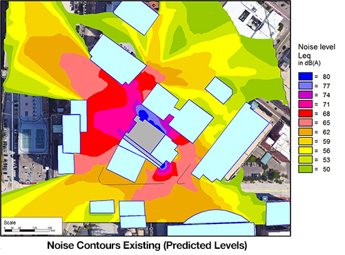 An animated heat map of noise reduction that radiating from a musical venue.